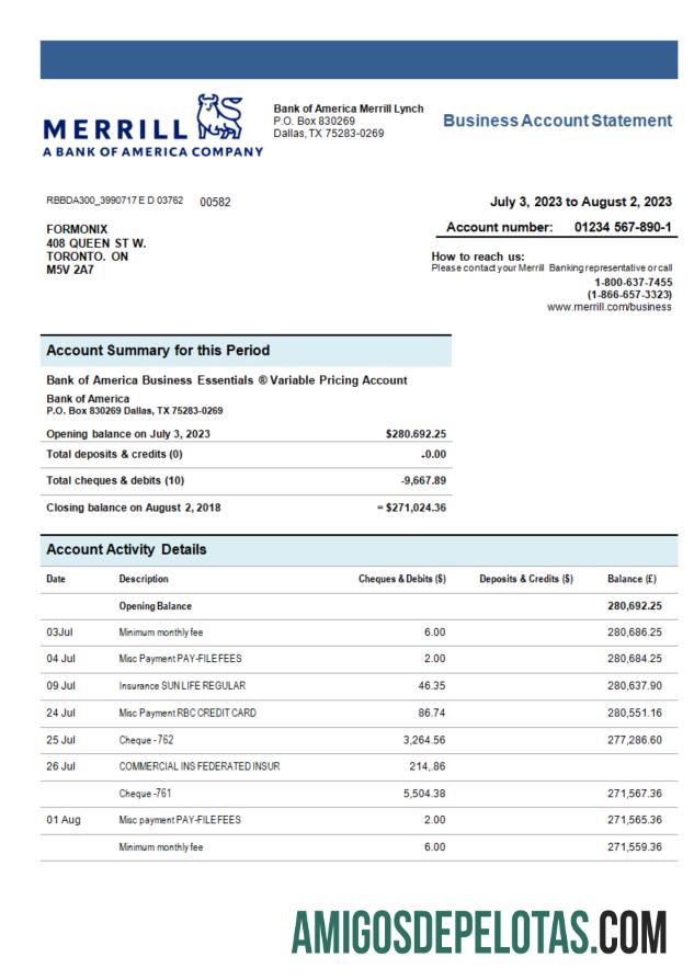 Imprimível Merrill Bank Organization modelo de extrato de conta Word e PDF